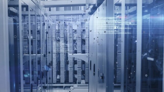 Vertical video: playback starting, camera pushing down server aisle, revealing racks and LED glow