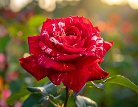Striped red rose in full bloom, sunlight glinting, soft green bokeh background