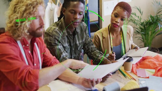 Lead showing sketch, team holding paper, noting for fashion review, animated labels marking sizes
