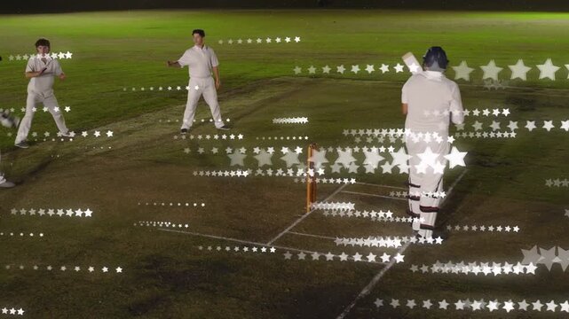 Vertical video: Cricket bowler running batter defending saving runs ball edging slip catching stars