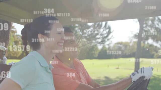 Vertical video: Man steering golf cart, woman leaning in, moving cart causing data overlay for golf