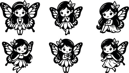 Fototapeta premium Black and white cute butterfly girl fairy characters in different poses vector art