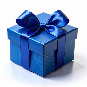 Elegant blue gift box with ribbon bow, isolated on white background, present for special occasion and celebration concept.