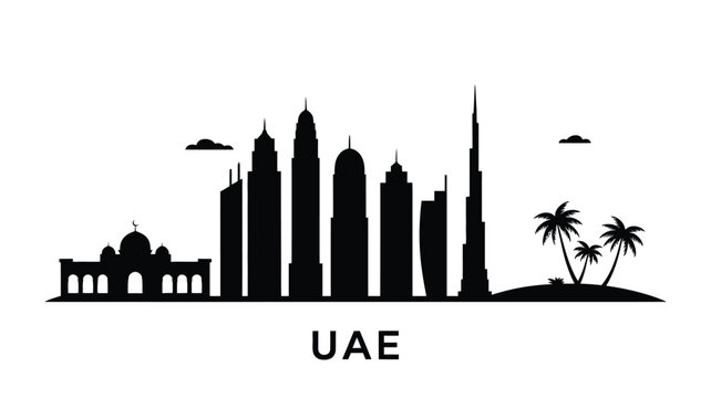 A striking black silhouette of the united arab emirates cityscape