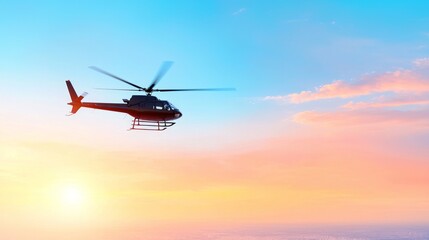 Fototapeta premium Helicopter Flying Over Scenic Landscape at Sunset with Colorful Sky