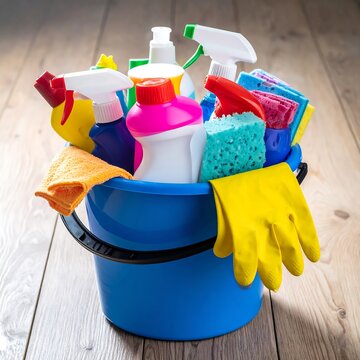 Overflowing blue bucket with colorful spray bottles, sponges, cloths, & gloves on wood