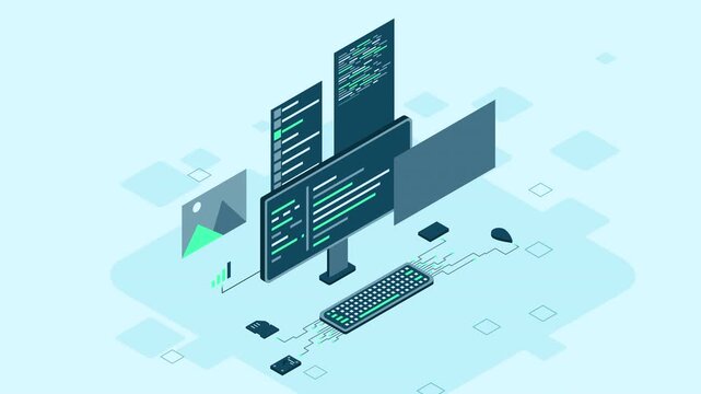 Isometric desktop computer. Coding programming technology. Programming concept. Technology animation.
