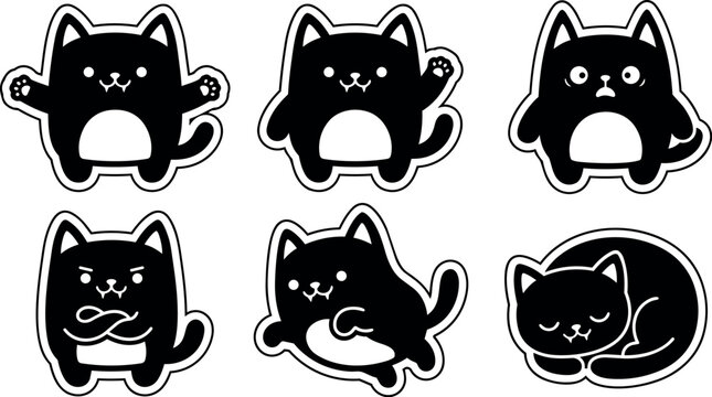 Black and white cartoon cats showing different emotions and poses vector art