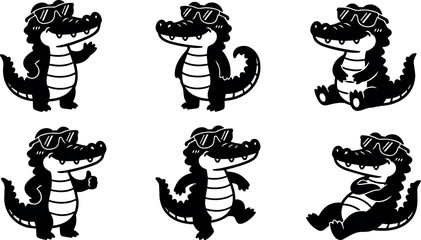 Obraz premium Black and white cartoon alligator wearing sunglasses in six poses vector art