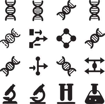 Vector graphic illustration of DNA, microscope, and laboratory equipment icons in black on a white background for biology and chemistry themes