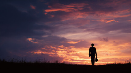 Obraz premium Silhouette of a man standing on a grassy field with a sunset sky in the background, conveying a concept for sunrise and a new beginning of life in the christian easter. Ai generated
