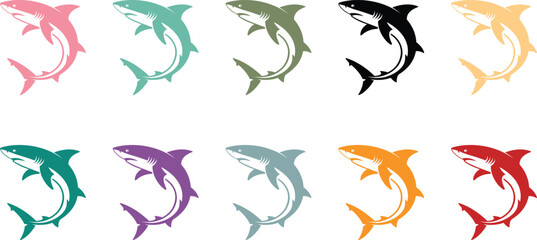 Fototapeta premium Colorful Shark Silhouettes Seamless Swimming Pattern, Vibrant Shark Silhouette Ocean Pattern Background