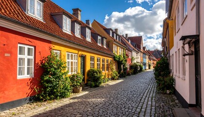Naklejka premium Colorful Cobblestone Street Lined With Historic Townhouses.