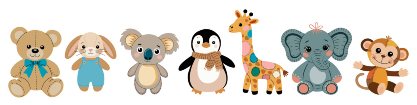 Cute cartoon plush toy animals stand in a row. Each creature smiles warmly. Friendly bear, bunny, koala, penguin, giraffe, elephant, and monkey. Bright, soft colors make them feel inviting