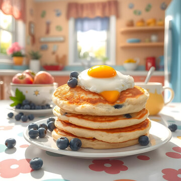 Pancakes dorados con ar&aacute;ndanos bajo una luz suave de ma&ntilde;ana