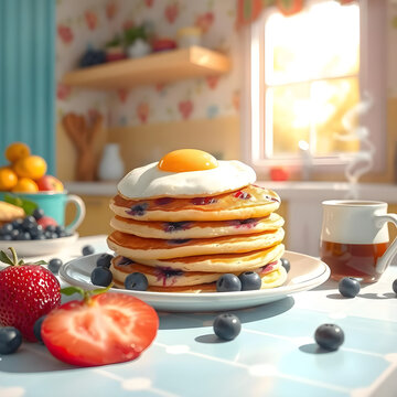 Un amanecer c&aacute;lido entre frutas frescas, caf&eacute; humeante y pancakes