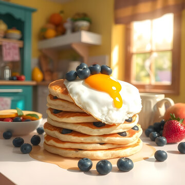 Desayuno acogedor ba&ntilde;ado por luz de sol en una cocina vibrante