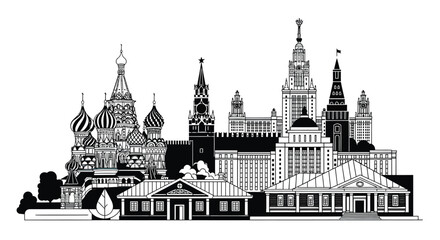 Fototapeta premium A black and white illustration of Moscow city skyline with famous buildings