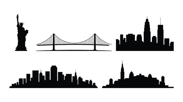 Iconic american landmarks and city skylines in a minimalist silhouette style