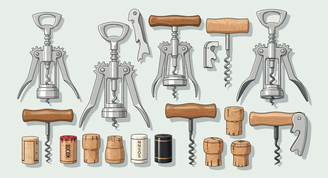 A collection of various wine corkscrews and corks on a plain background