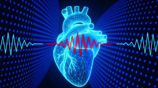 Holographic 3D Model Of Human Heart Rotating With Red Zigzag ECG Waveform Oscillations. Scientific Technology Background With Blue Dot Grid Tunnel. Medical Diagnosis Data Visualization