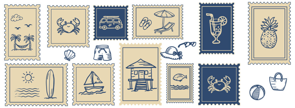 Postal Stamps With Summer Doodle Elements Hand Drawn.
