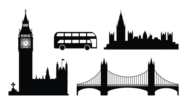 Iconic london landmarks in black silhouette big ben tower bridge and more