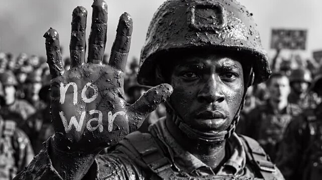 Soldier Protesting War with Painted Hand - This black and white video shows a soldier with a somber expression, wearing a helmet and holding up a hand covered in mud with the words "no war" painted