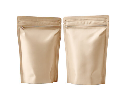 Brown stand up pouches with zip lock - food packaging bags isolated on transparent background