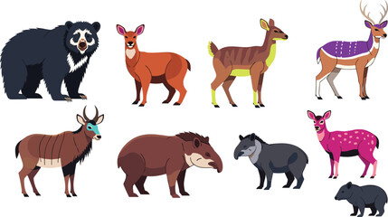 Obraz premium South American mammal species colorful Andean bear and tapir wildlife icon set