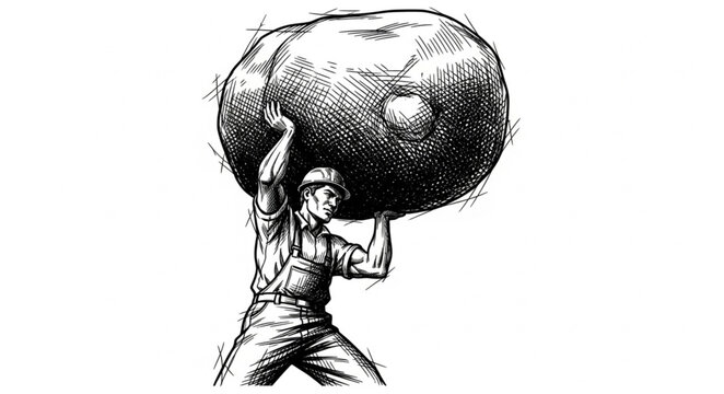 Male Atlas Figure Carrying Massive Stone Sphere.