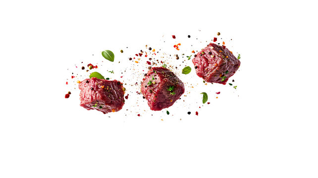 Raw beef cubes seasoned with herbs