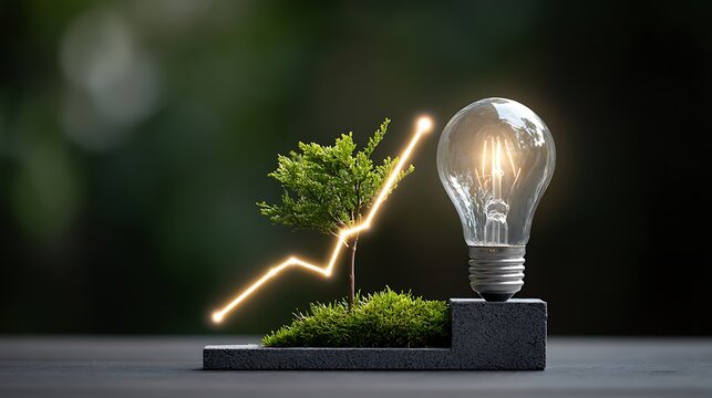 Lightbulb and small tree, with a rising line, symbolising growth and green energy