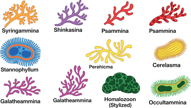 Xenophyophore species and colorful deep sea marine protist wildlife flat icon set