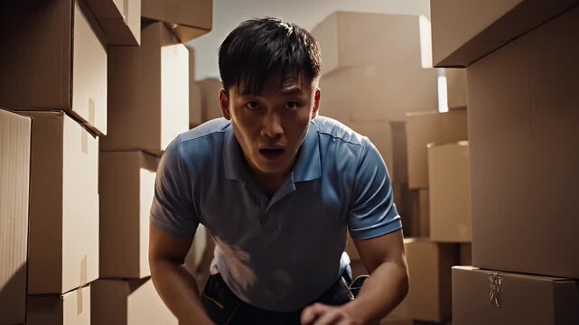Overwhelmed Worker in Warehouse - A person wearing a blue uniform stands amidst towering stacks of cardboard boxes, covering their face with their hands in frustration or stress.