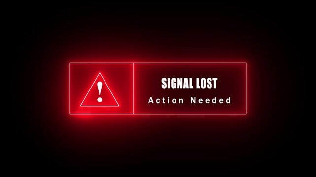 glowing neon Exclamation mark signal lost style neon frame on black background. Action Needed. immediate action required neon text