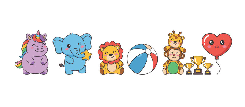 Carnival game prizes and plush toys vector illustration. Flat design cartoon animals and trophies isolated on transparent background. Amusement park reward elements