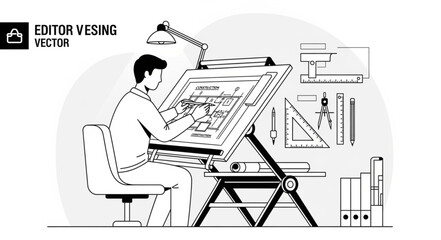Illustrator Working at Traditional Drafting Table Sketching.