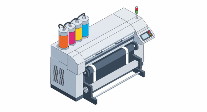 Isometric Large Format Plotter Printer with CMYK Ink Tanks, Professional Digital Printing Machine Illustration