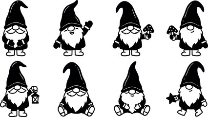 Fototapeta premium Black and white flat design gnomes holding mushroom lantern and star vector art