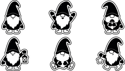 Fototapeta premium Black and white gnome characters with hat beard in varied poses vector art