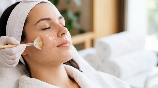 Cosmetologist applying facial mask with brush to woman. Skin treatment in spa salon. Professional beauty therapy procedure for rejuvenation. Healthy glow and clear skin care concept.