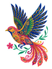 Fototapeta premium Vibrant folk art bird spreads patterned wings in radiant blue pink green and gold tones as swirling plumage and floral accents create a joyful ornamental portrait alive in motion and color