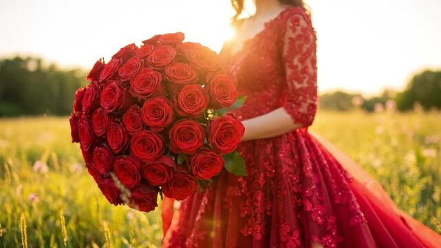 Woman holding roses in a field