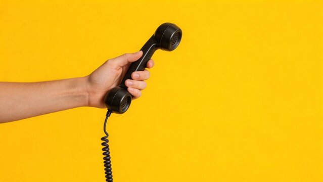 A close-up of a hand grasping a classic black corded telephone receiver, set against a vibrant yellow backdrop, evoking a sense of communication and connection.