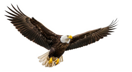Obraz premium Majestic bald eagle with outstretched wings soaring through sky isolated on transparent background.