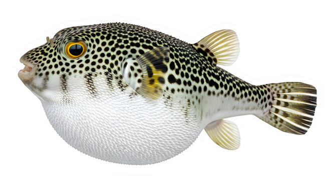 Puffer fish, spotted tropical fish, marine animal, aquatic creature, white and black