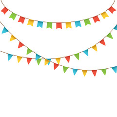 Obraz premium Bright bunting flags hanging in curved rows creating festive party background.
