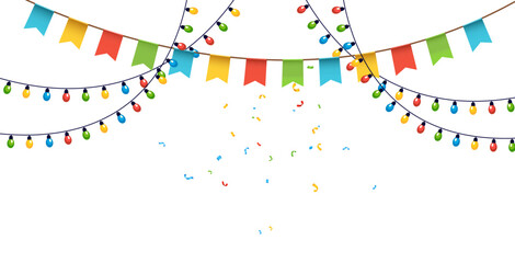 Obraz premium Colorful bunting, bulbs and confetti arranged in layered festive composition on light background.