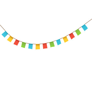Single row of colorful bunting flags forming curved border isolated on light background.